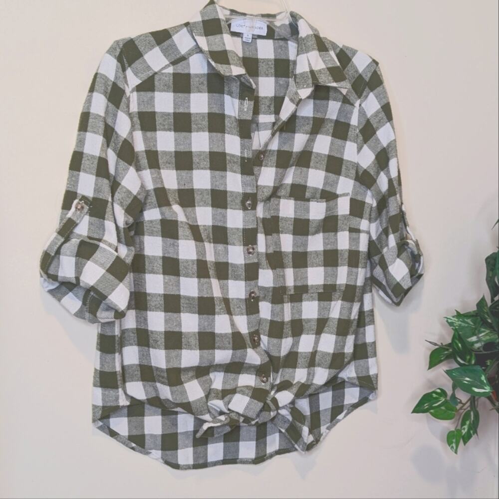 Lost + Wander Green Checker Flannel Tie Front Size Small